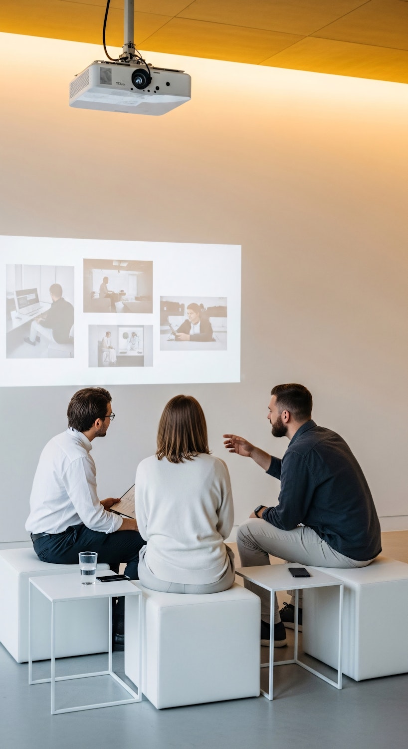 Founders presenting a deck to a small room