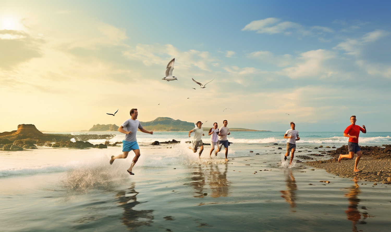 A group of runners along a seafront promenade at sunrise