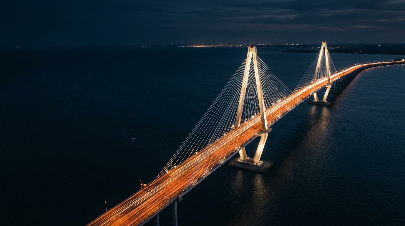 The Bandra-Worli Sea Link lit up over the water at night